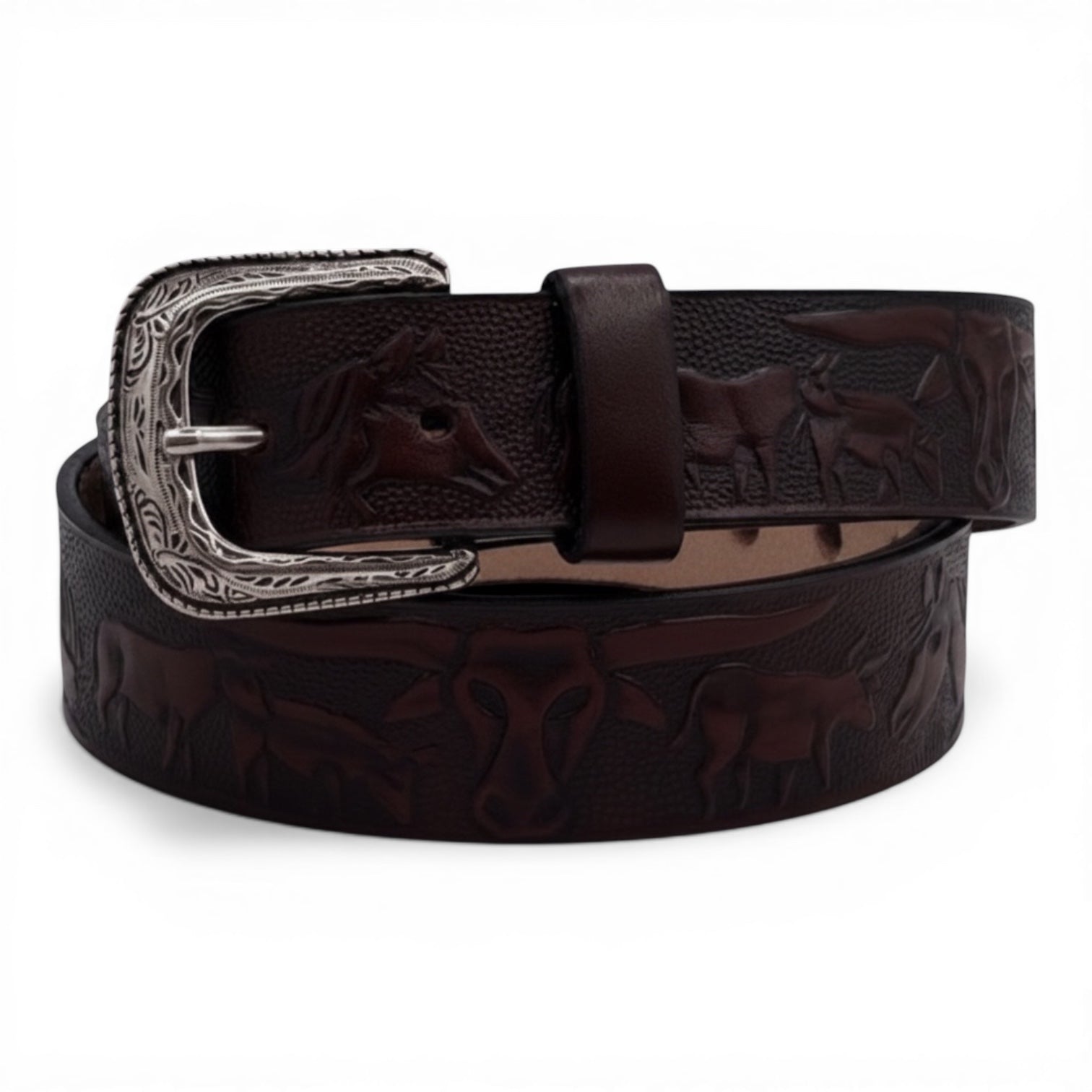 Kids' Running Horses Embossed Leather Belt with Silver Buckle