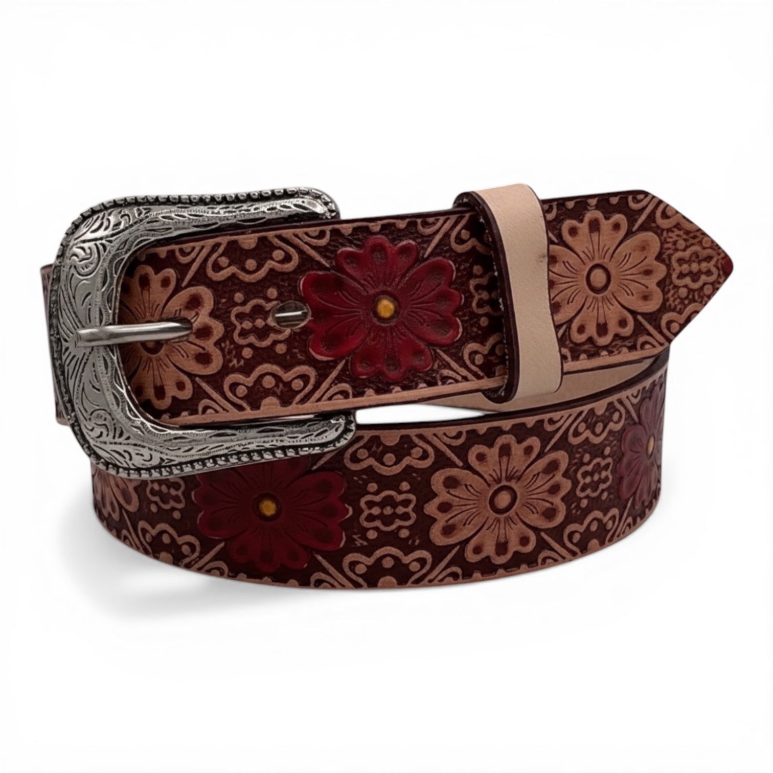 Women's Red Floral Embossed Leather Belt with Silver Buckle
