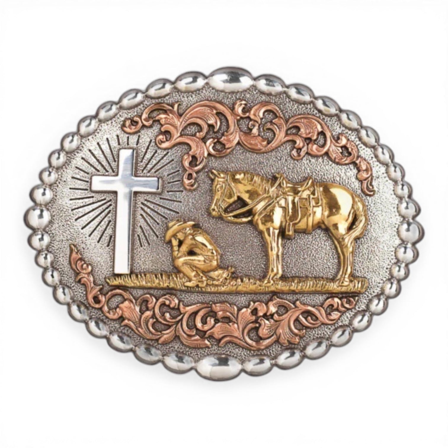 NOCONA MENS OVAL BUCKLE BEAD EDGE PRAYING COWBOY