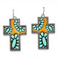 SILVER STRIKE LADIES EARRINGS CROSS LEATHER INLAY MULTICOLOR