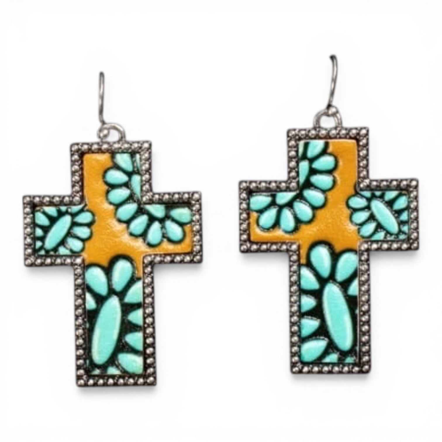 SILVER STRIKE LADIES EARRINGS CROSS LEATHER INLAY MULTICOLOR
