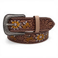 Women's Sunflower & Bee Embossed Leather Belt with Silver Buckle
