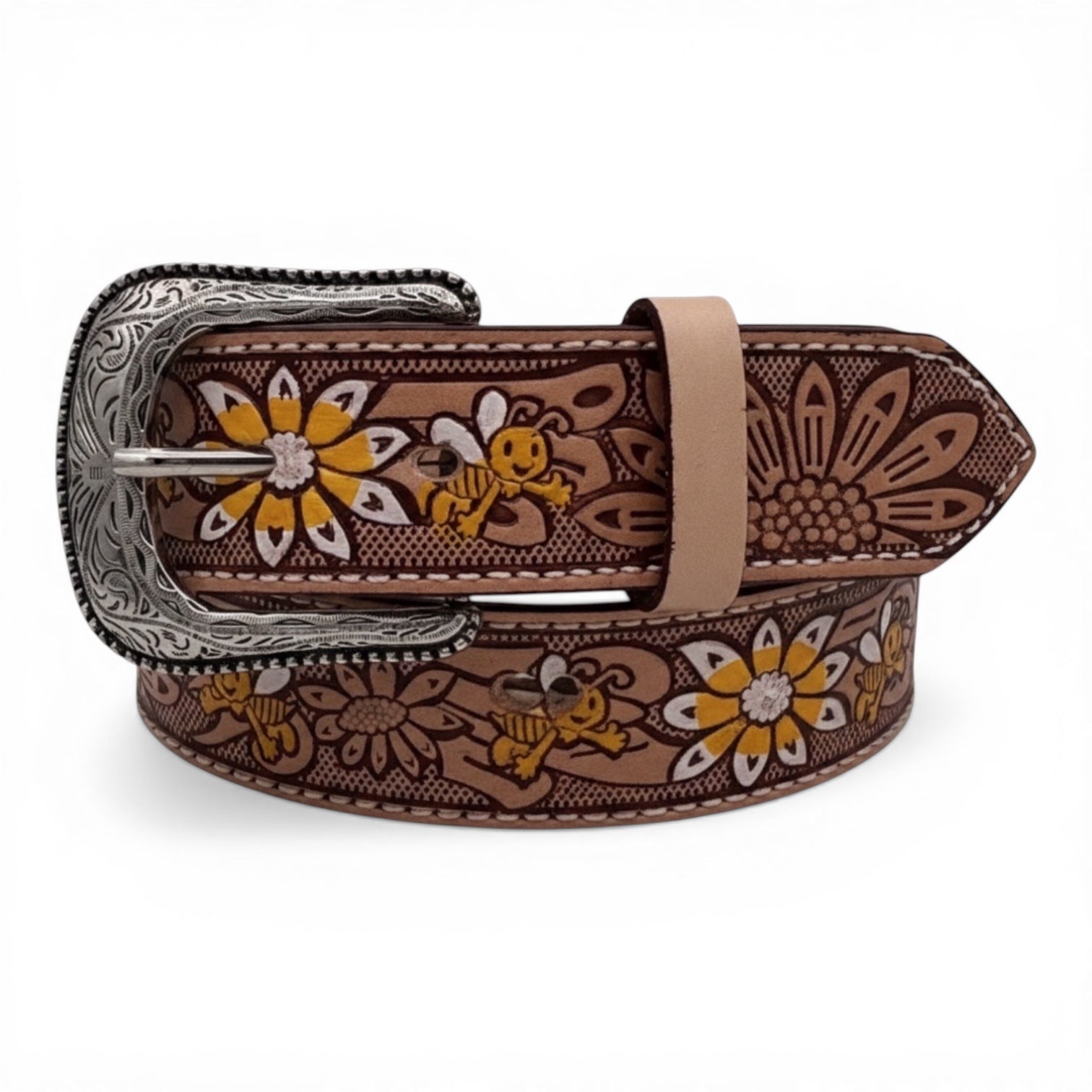 Women's Sunflower & Bee Embossed Leather Belt with Silver Buckle