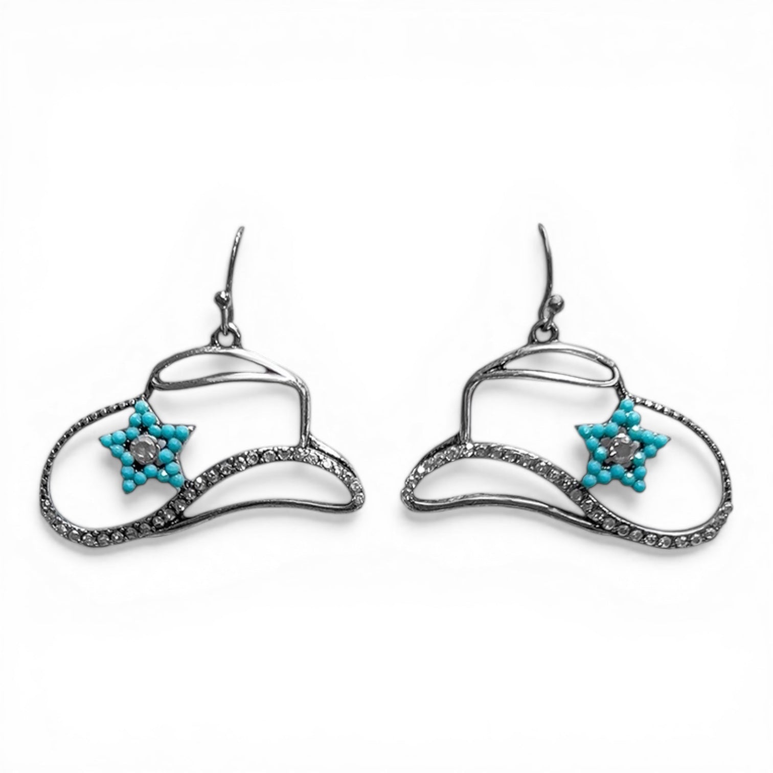 SILVER STRIKE EARRINGS TURQUOISE STAR AND COWBOY HAT SILVER COLOR