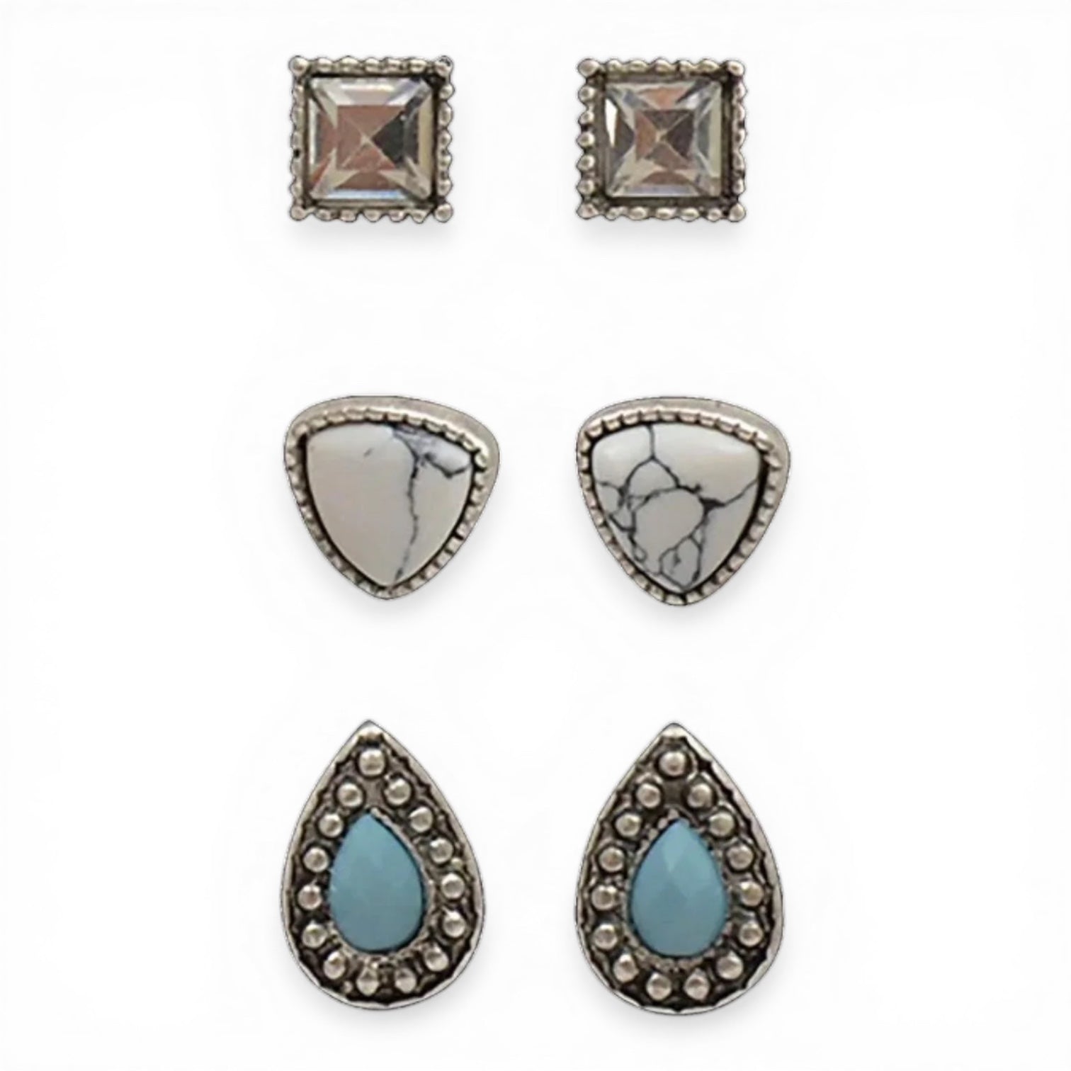 3PR STUD EARRINGS SQ CRYS TRI