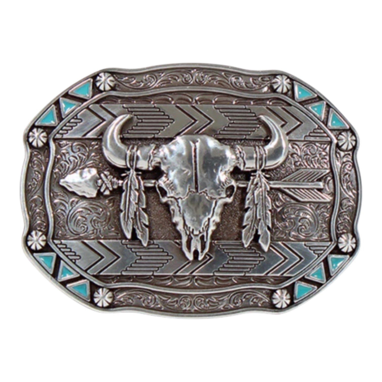 NOCONA MENS RECTANGLE ARROW SKULL FEATHER BUCKLE