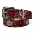 Women's Red & Pink Floral Embossed Leather Belt with Silver Buckle