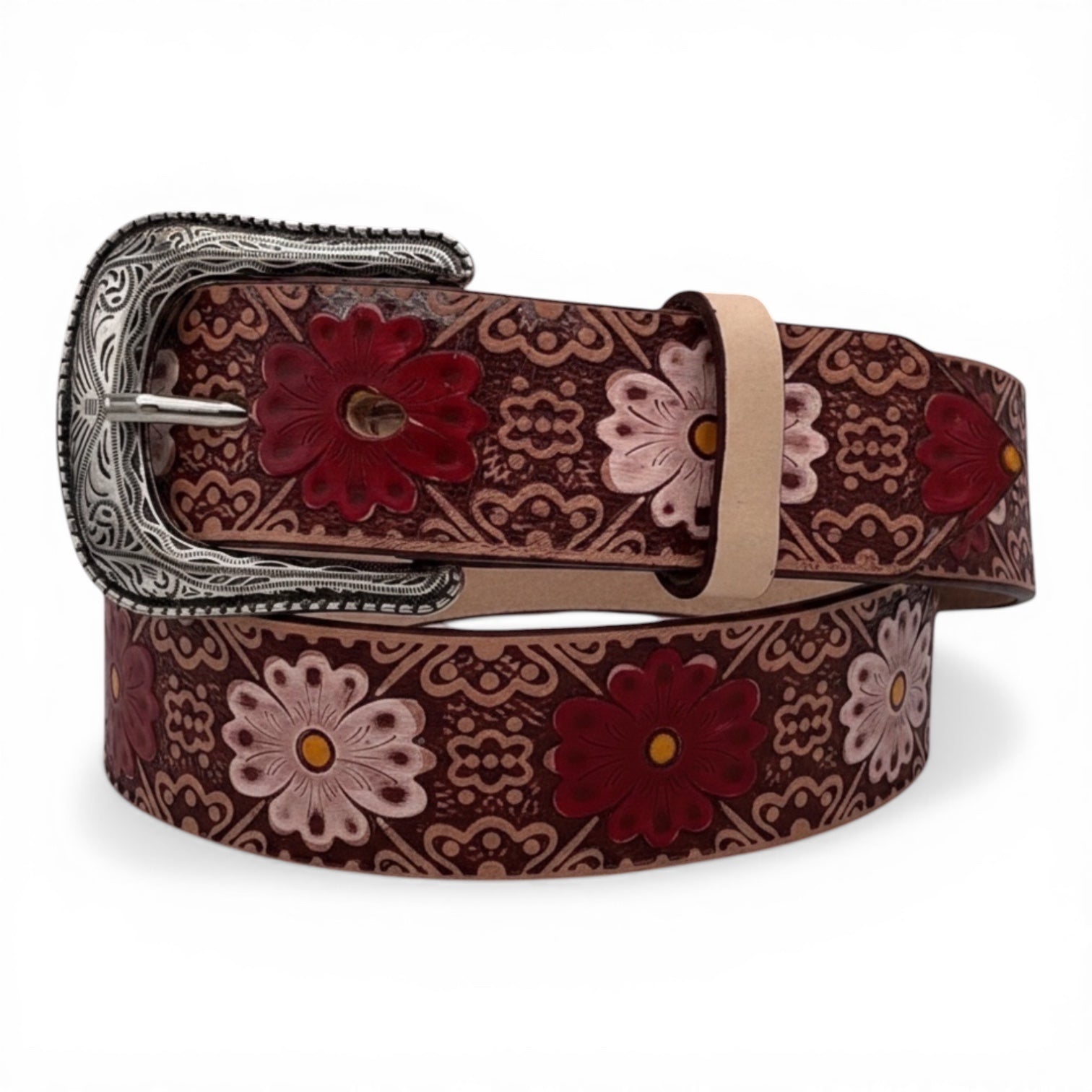 Women's Red & Pink Floral Embossed Leather Belt with Silver Buckle