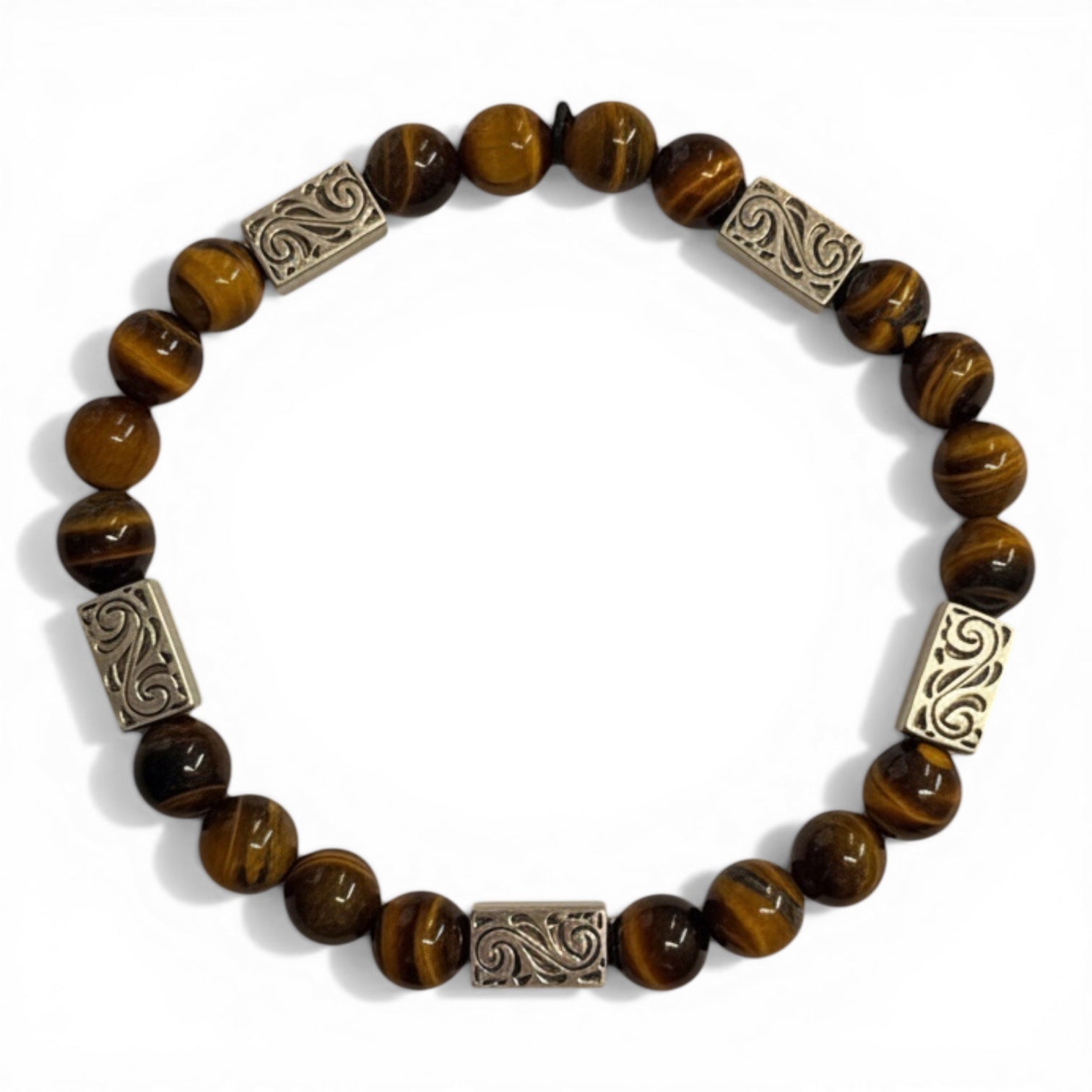 SILVER STRIKE MENS BRACELET TIGER'S EYE BEAD BROWN