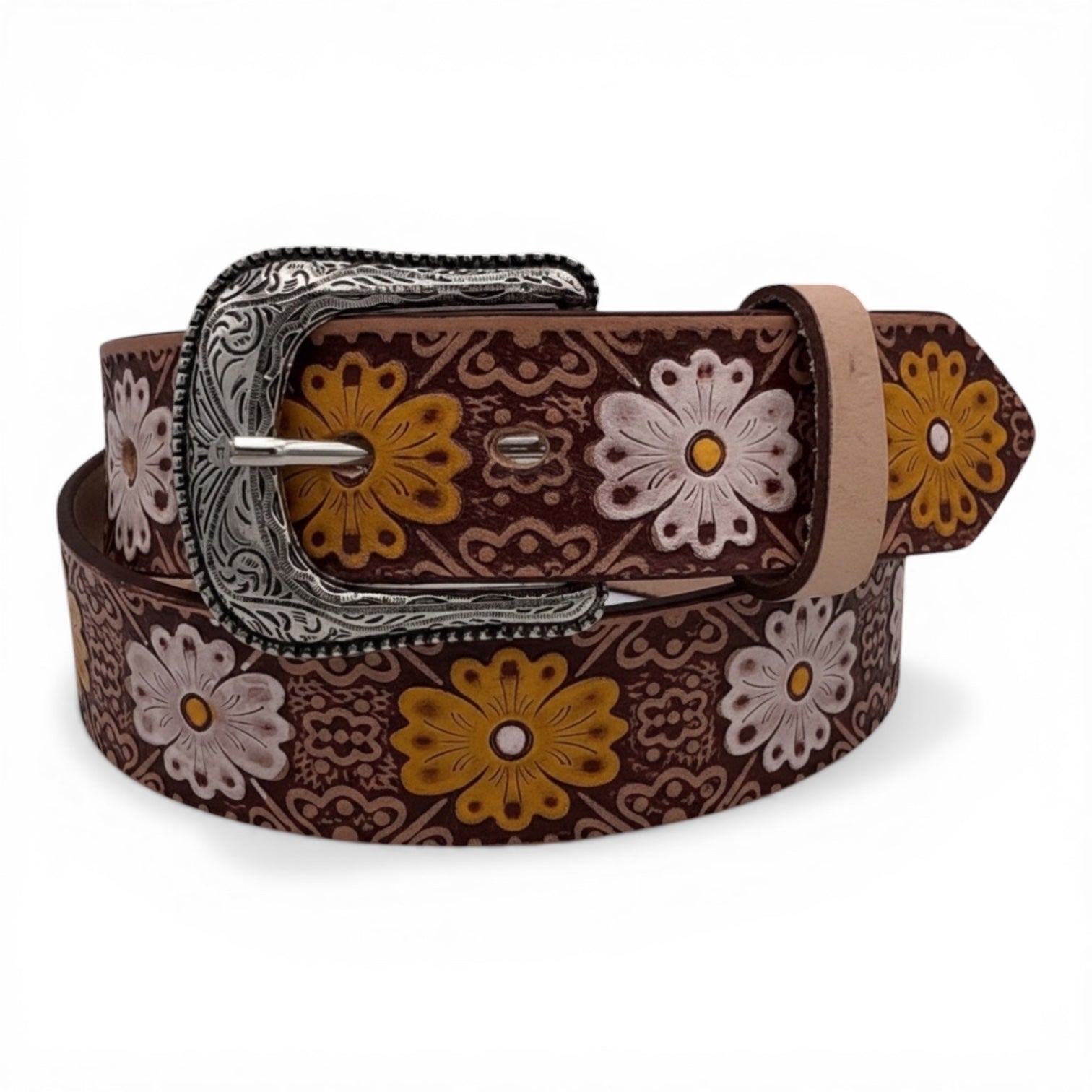 Women's Gold & White Floral Embossed Leather Belt with Silver Buckle