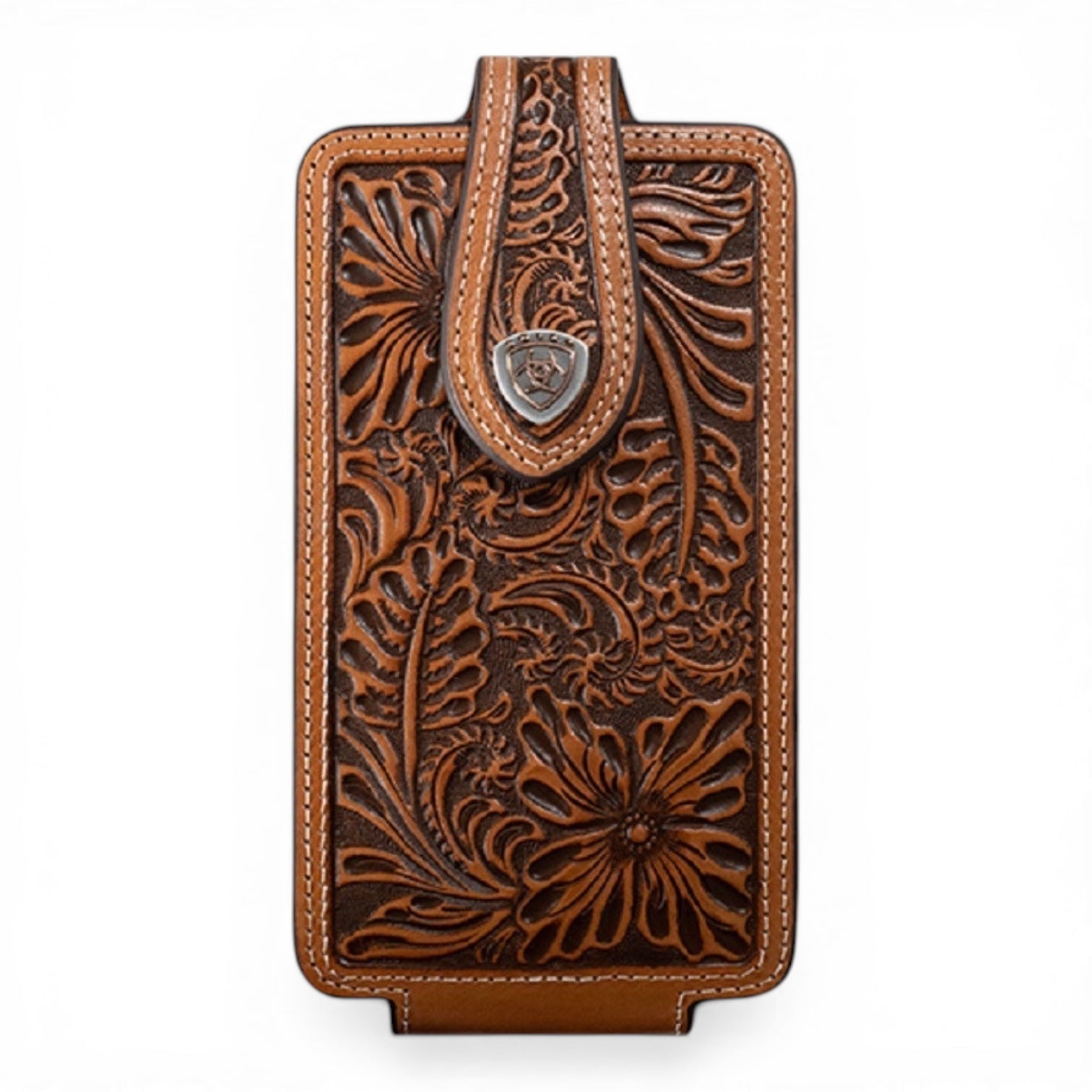 ARIAT CELL PHONE CASE FLORAL EMBOSSED SHIELD NATURAL