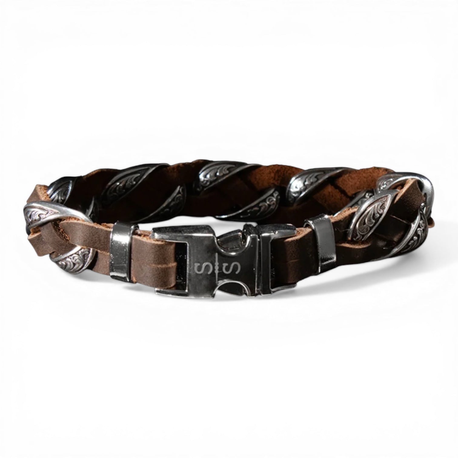SILVER STRIKE MENS BRACELET CHAIN LINK LEATHER BROWN