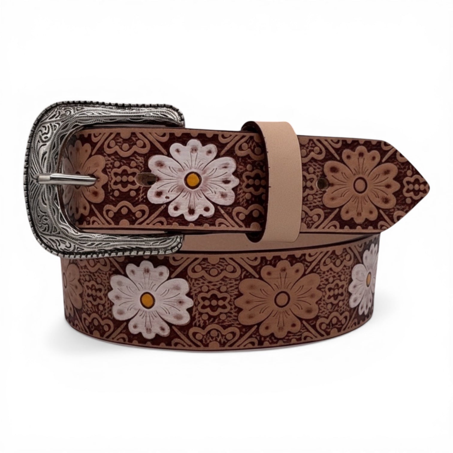 Women's White Floral Embossed Leather Belt with Silver Buckle