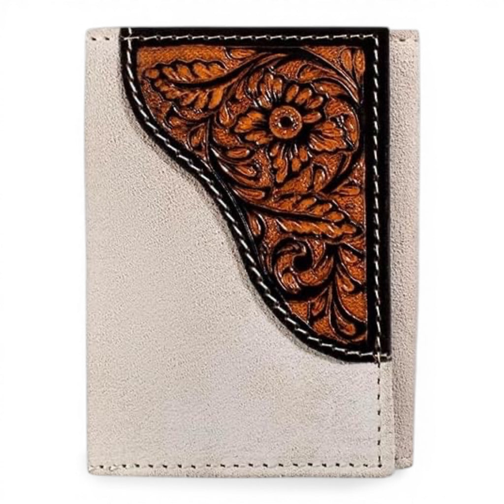ARIAT TRIFOLD WALLET ROUGHOUT FLORAL OVERLAY GREY