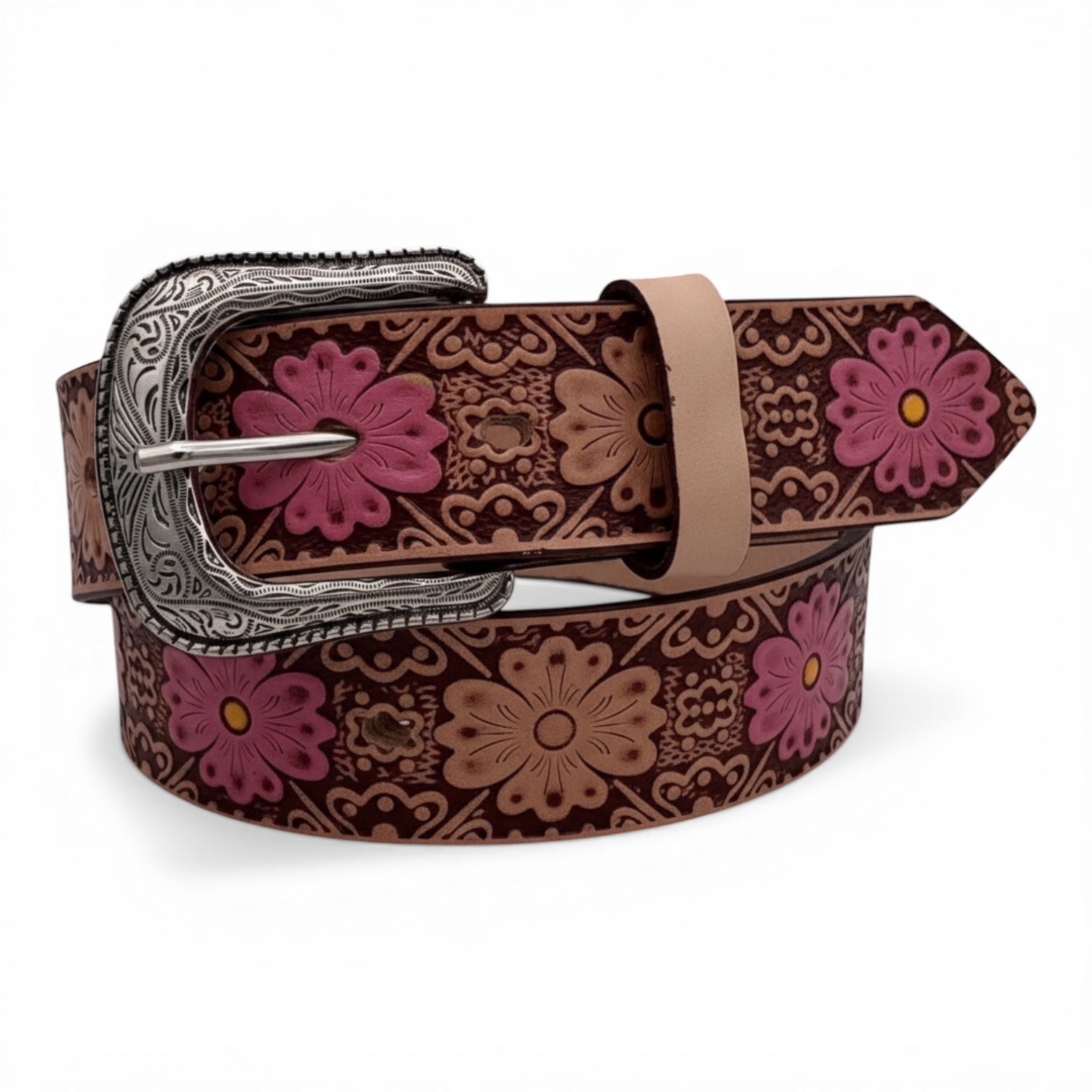 Women's Floral Embossed Leather Belt with Silver Buckle