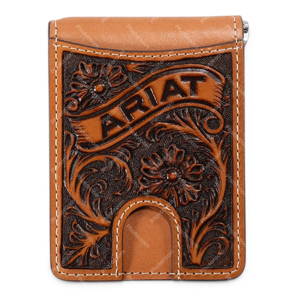 ARIAT MENS BIFOLD MONEYCLIP STYLE WALLET FLORAL ARIAT BANNER TAN