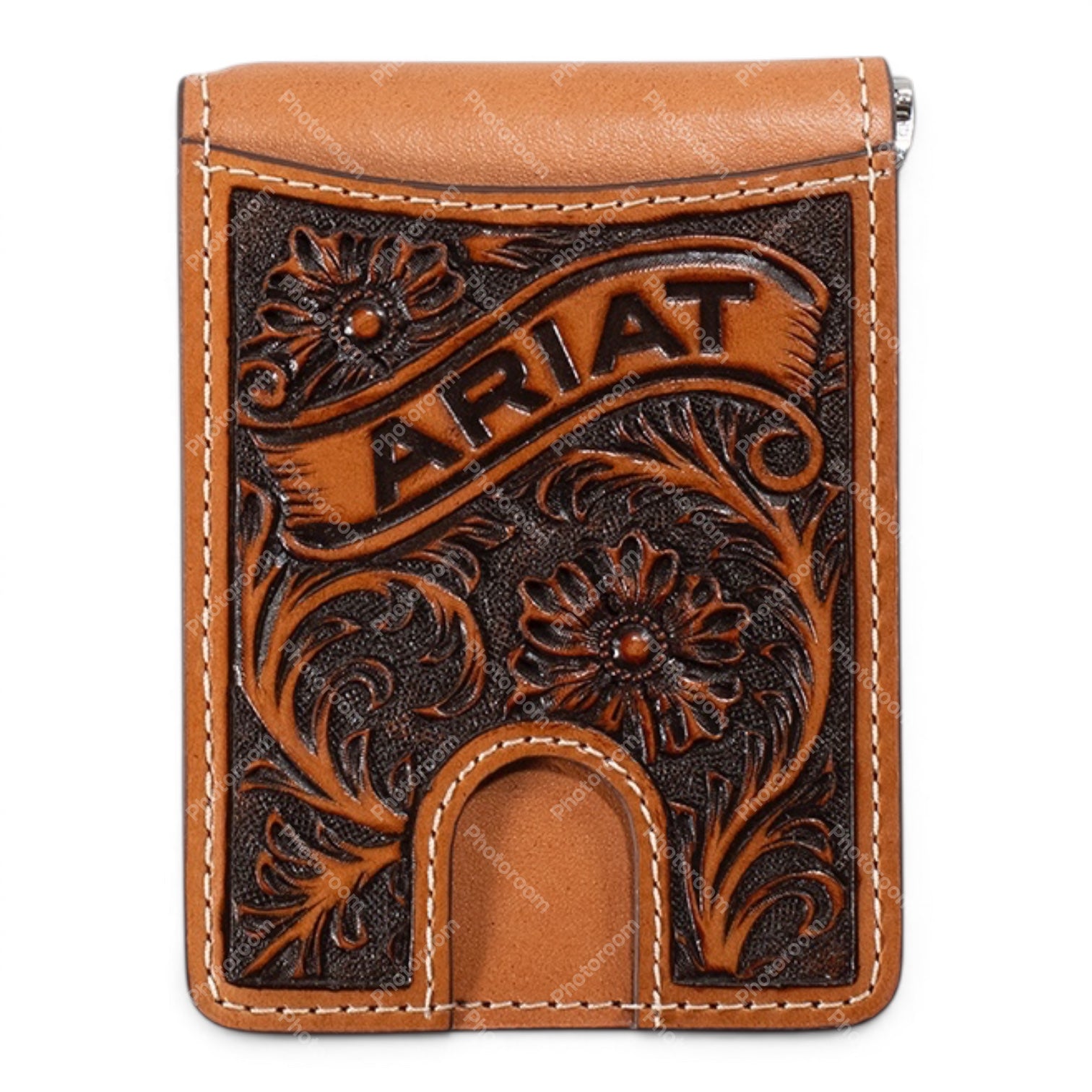 ARIAT MENS BIFOLD MONEYCLIP STYLE WALLET FLORAL ARIAT BANNER TAN