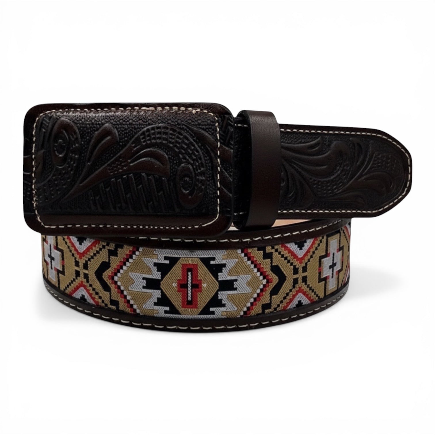 Aztec Embroidered Leather Western Belt
