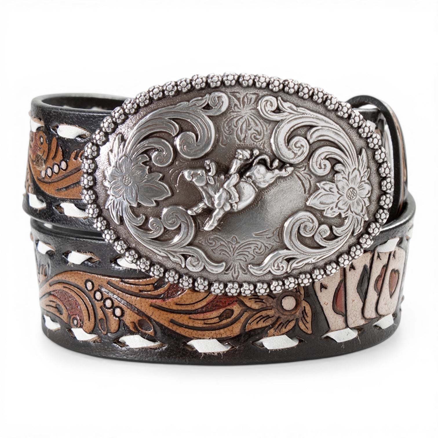 NOCONA BOYS BELT 1 1/4" ACES WHITE BUCK LACE BLACK