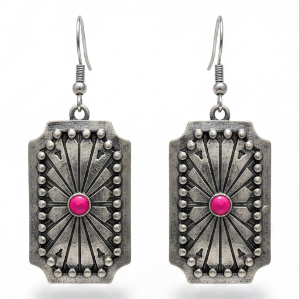 WESTERN RECTANGLE CONCHO PINK STONE EARRINGS