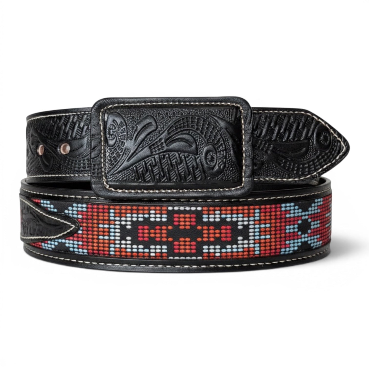 Multicolor Pixel Aztec Embroidered Black Leather Western Belt