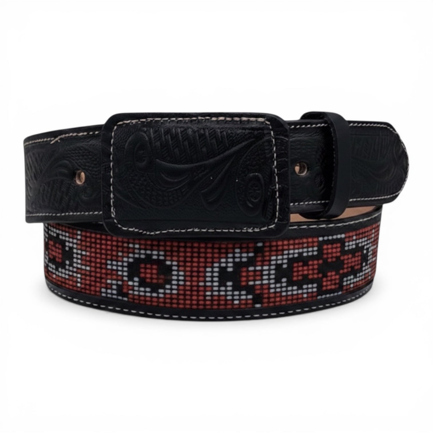 Pixel Geometric Embroidered Black Leather Western Belt