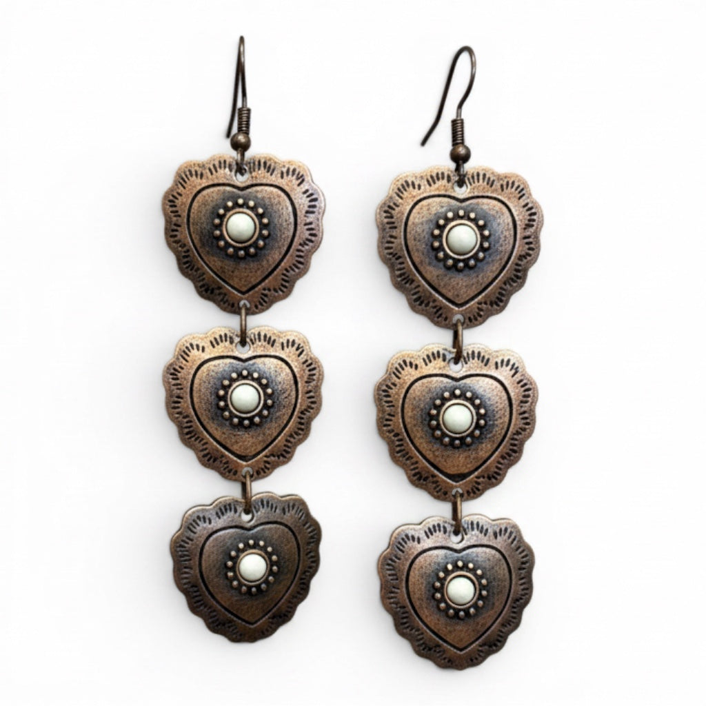 WESTERN TRIPLE HEART CONCHO DROP EARRINGS