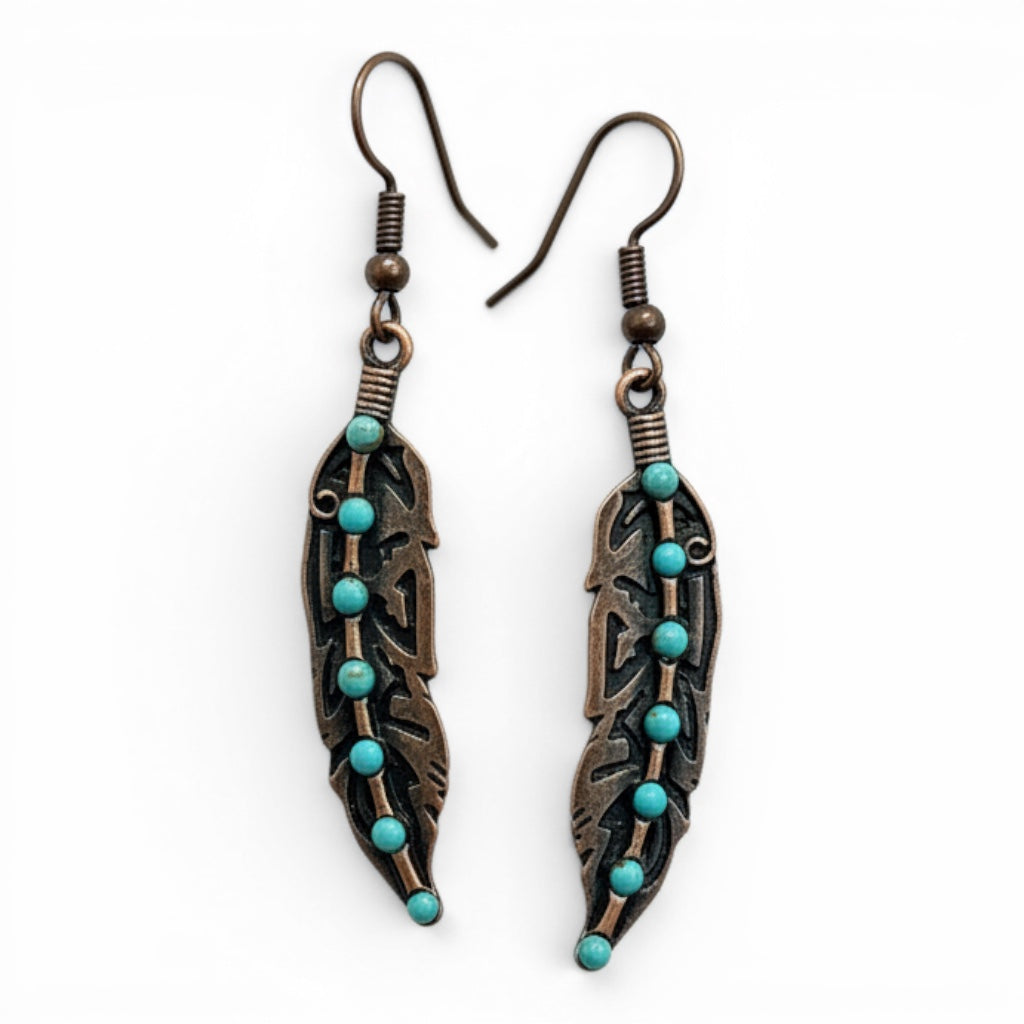 WESTERN FEATHER TURQUOISE BEAD DROP EARRINGS