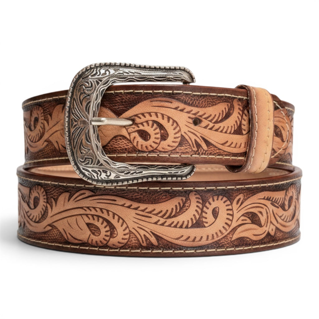 Hand-Tooled Floral Western Leather Belt