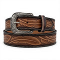 Men's Feather & Leaf Tooled Leather Belt with Scroll Engraved Buckle