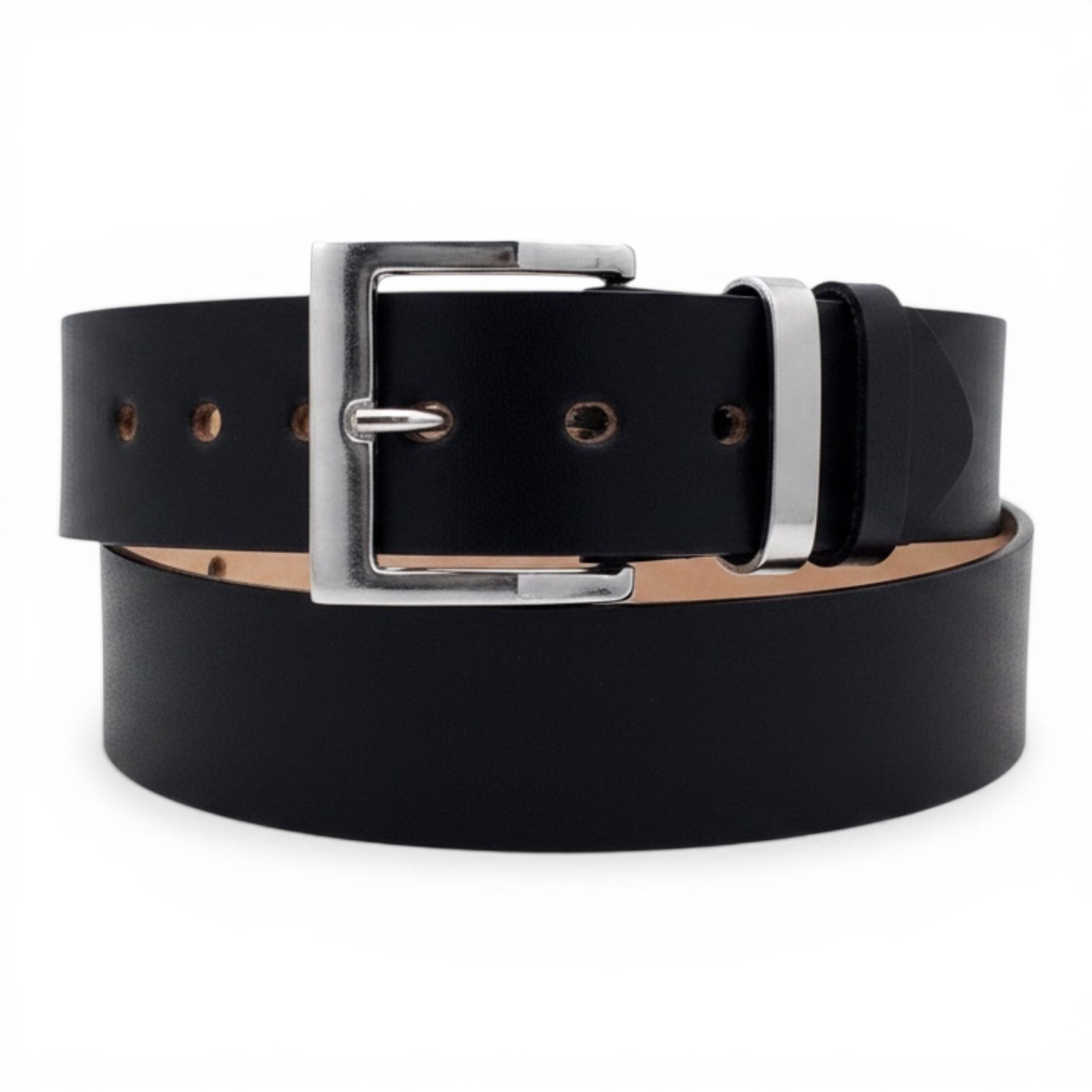 Men's Classic Black Leather Belt with Silver Buckle