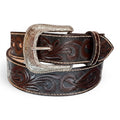 Hand-Tooled Scroll Western Leather Belt - Dark Brown