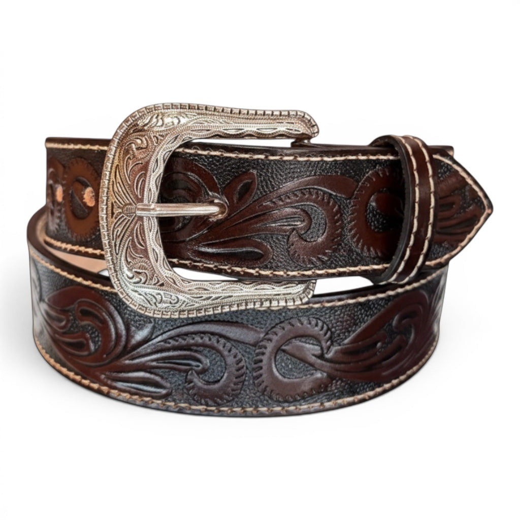 Hand-Tooled Scroll Western Leather Belt - Dark Brown