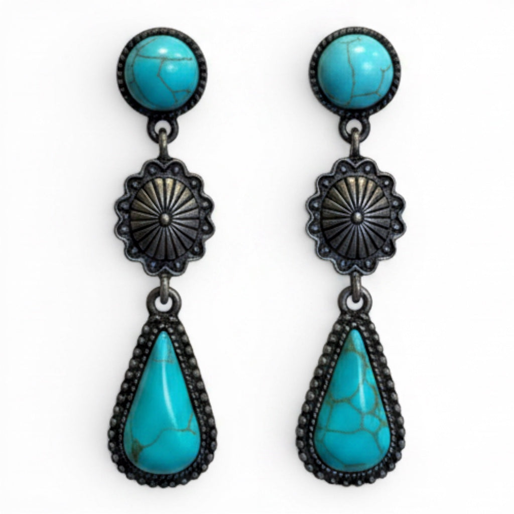 WESTERN TURQUOISE CONCHO TEARDROP DROP EARRINGS
