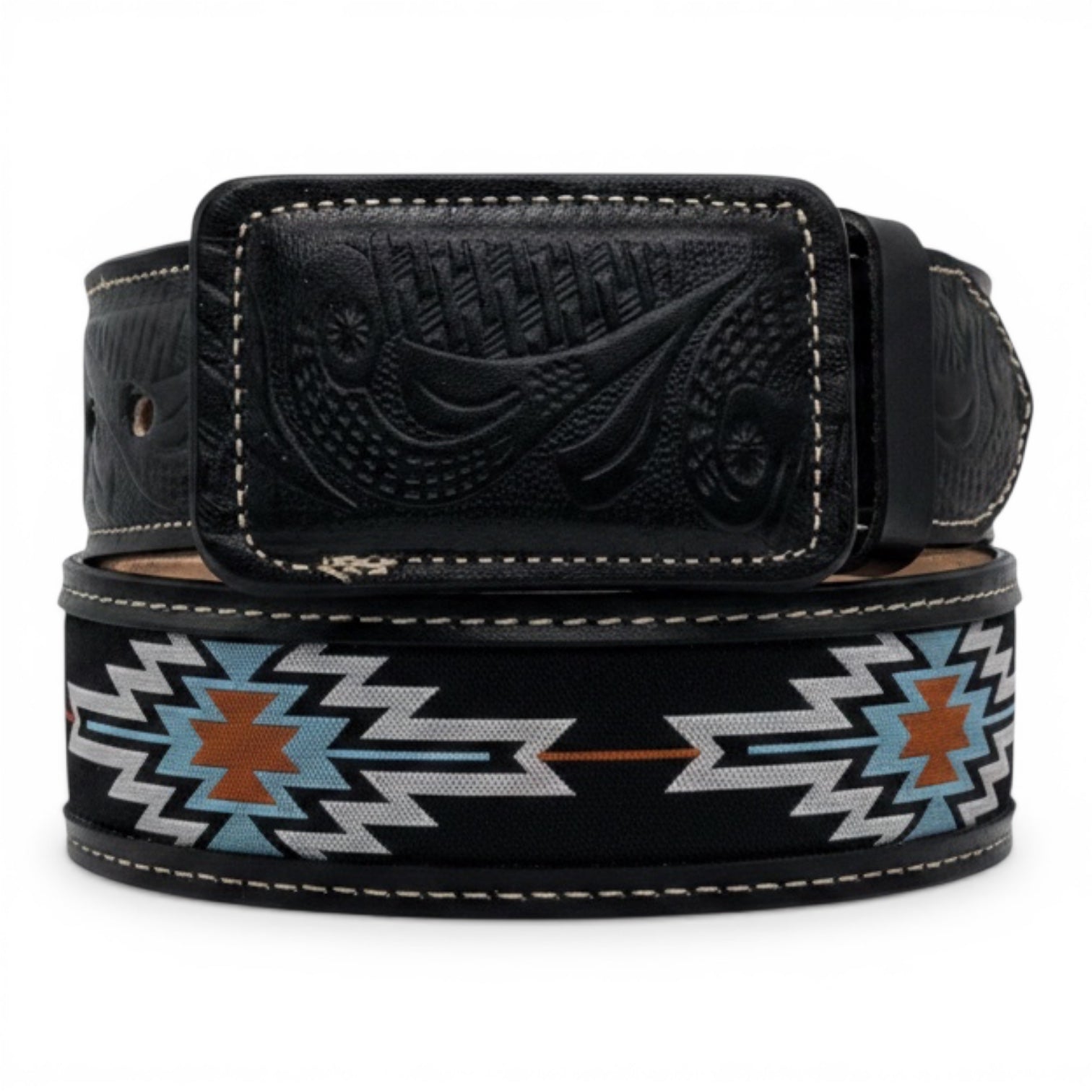 Aztec Southwestern Embroidered Black Leather Western Belt
