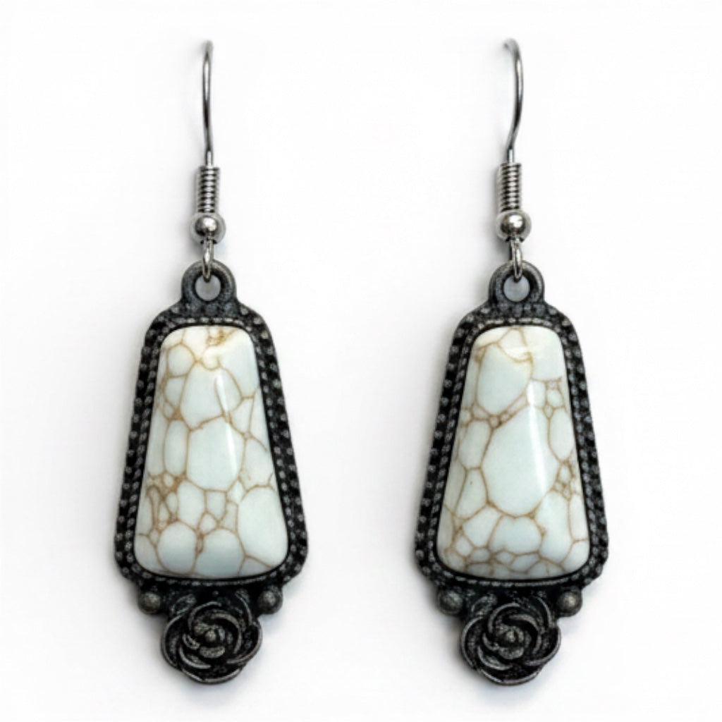 WESTERN WHITE STONE ROSE DROP EARRINGS