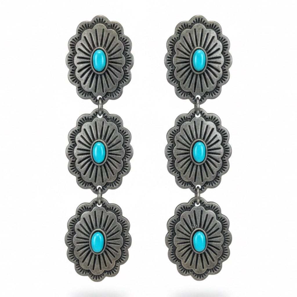 WESTERN TRIPLE OVAL CONCHO TURQUOISE DROP EARRINGS