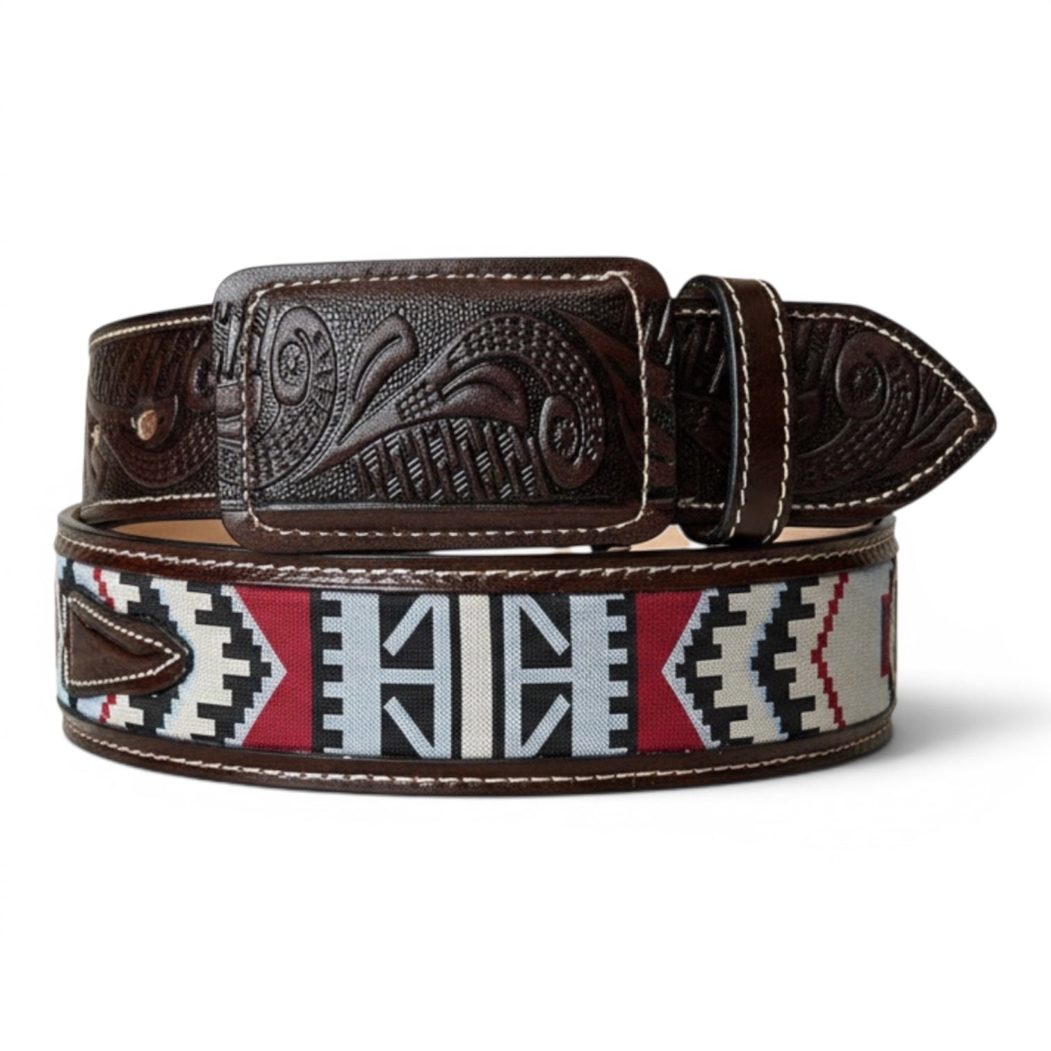 Aztec Southwestern Embroidered Brown Leather Western Belt