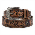 Men's Full Floral Tooled Leather Belt with Roster Buckle