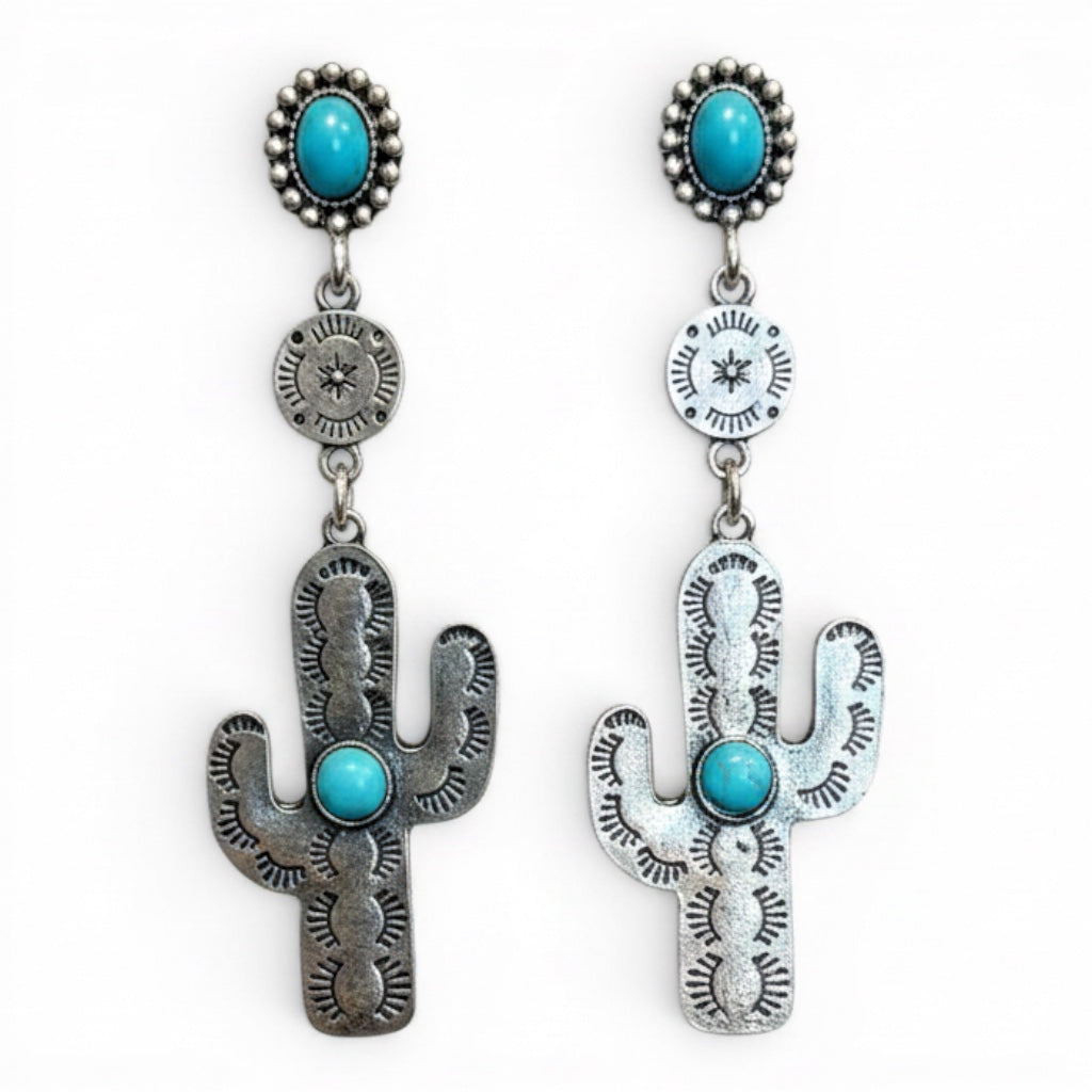 WESTERN CACTUS TURQUOISE STONE DROP EARRINGS