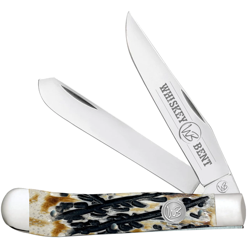 WHISKEY BENT CARVED BURNT BONE TRAPPER KNIVES